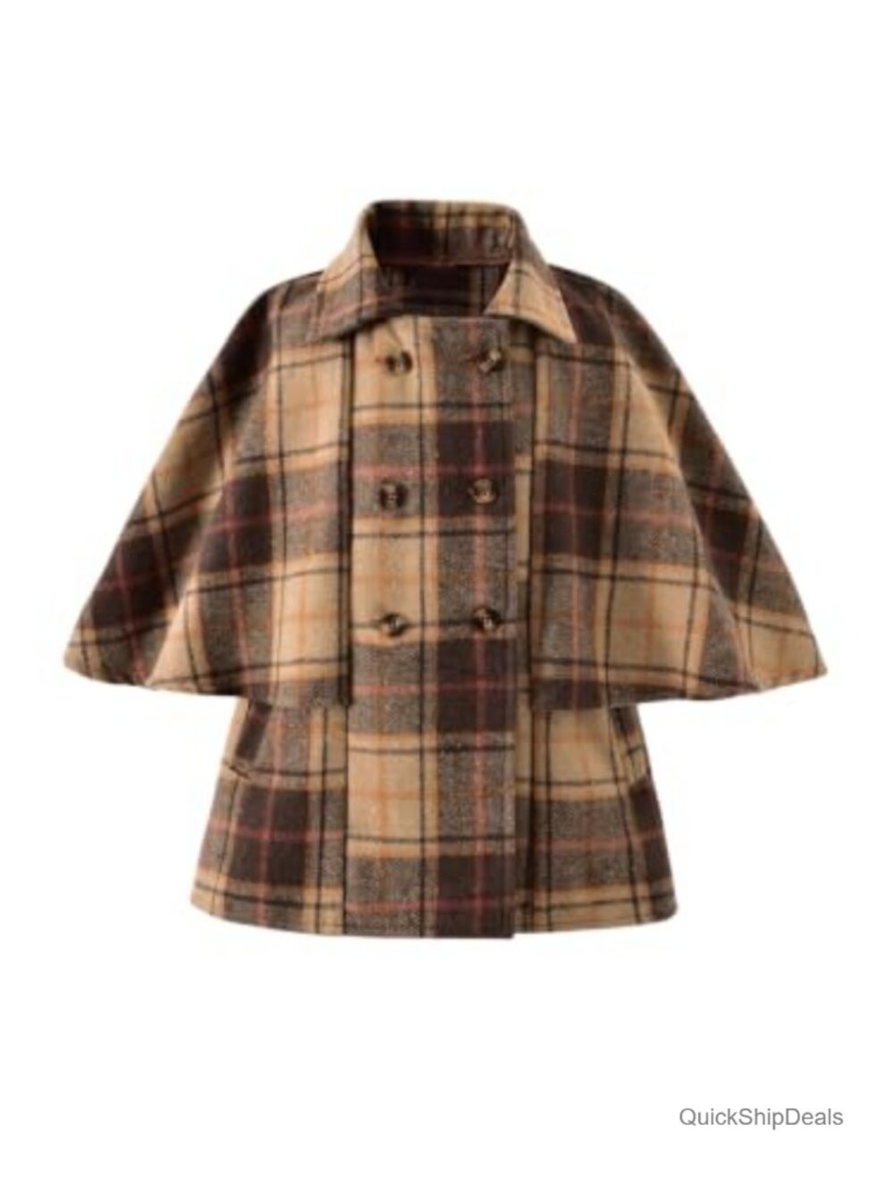 Girls Plaid Double Breasted Cape Coat Collared Bell Cloak Sleeve Warm Outerwear